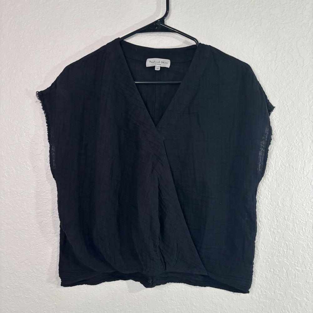 Michael Stars Black Gauze Wrap Front V-Neck Top Cotton Made in USA XS